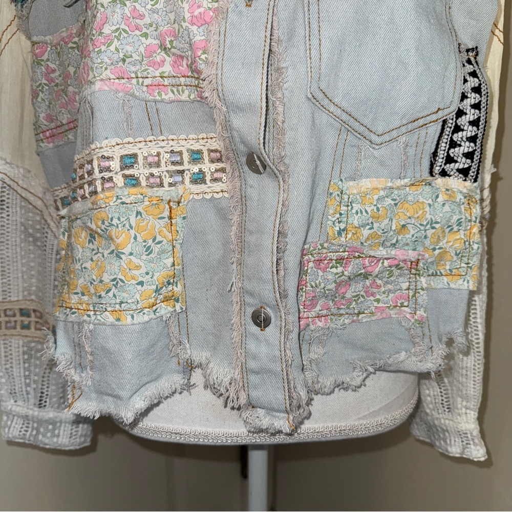 Patchwork Denim and Lace Jacket Distressed Boho Denim Shacket Mixed Floral Lace - Picture 6 of 17